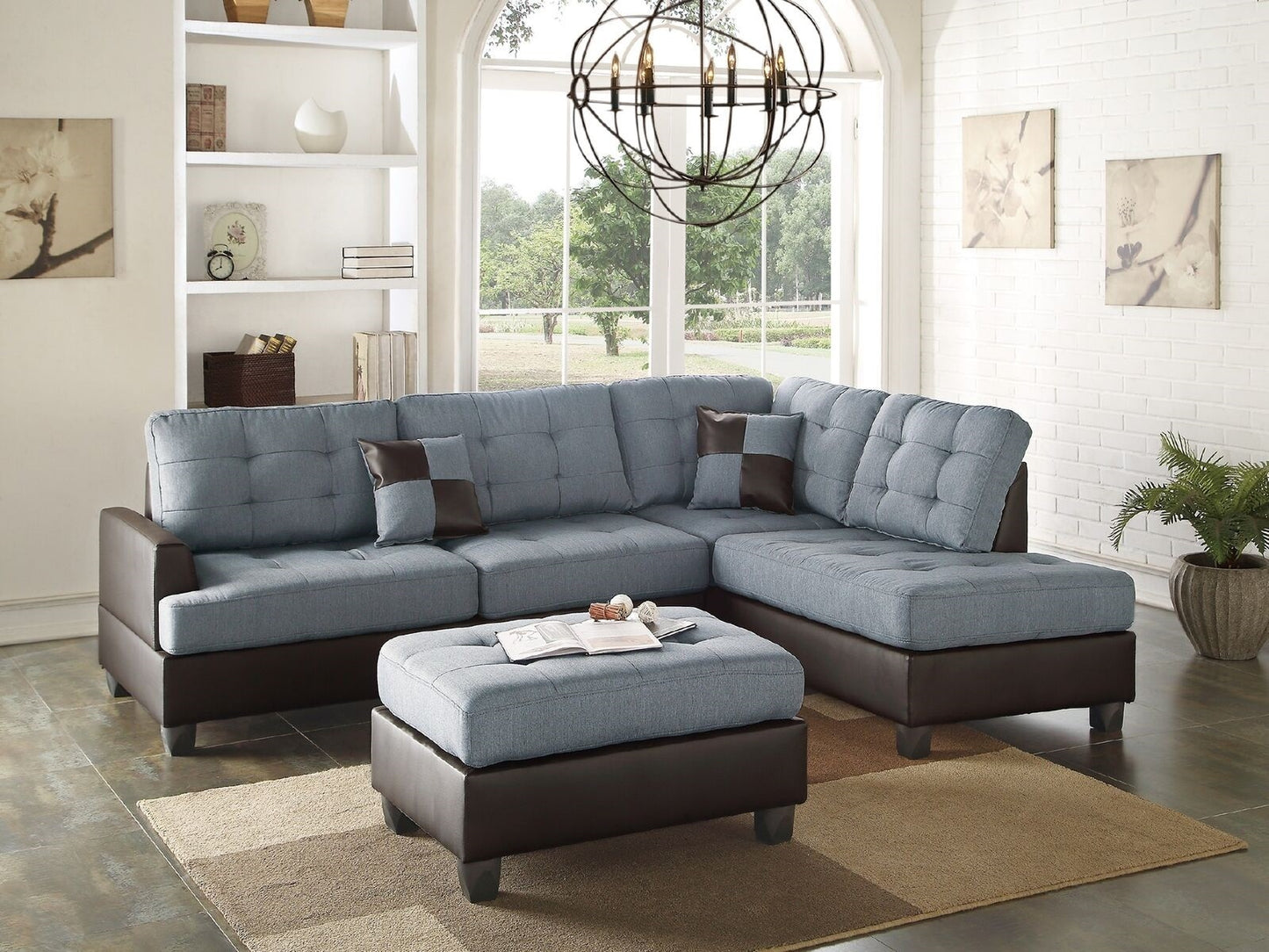 Contemporary Grey Polyfiber Linen Sectional Sofa with Reversible Chaise, Ottoman, and Cushioned Tufted Design - 3pc Set for Living Room Furniture with Pillows