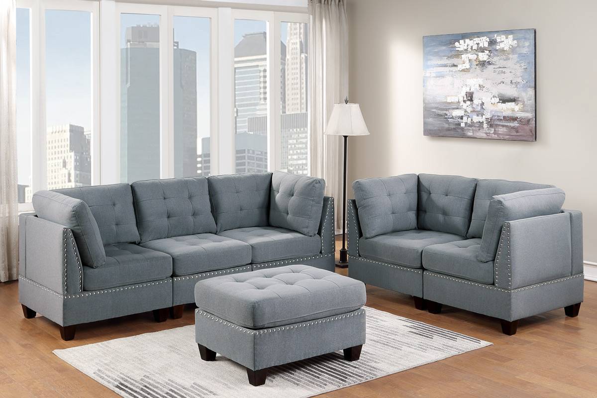 Modular Sofa Set 6pc Living Room Furniture Loveseat Couch Gray Linen Fabric 4x Corner Wedge 1x Armless Chair 1x Ottoman