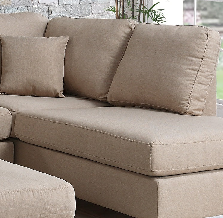 3pcs Reversible Chaise Sofa & Ottoman Set - Sand Color Polyfiber Linen Fabric Cushion Couch - Sectional Living Room Furniture