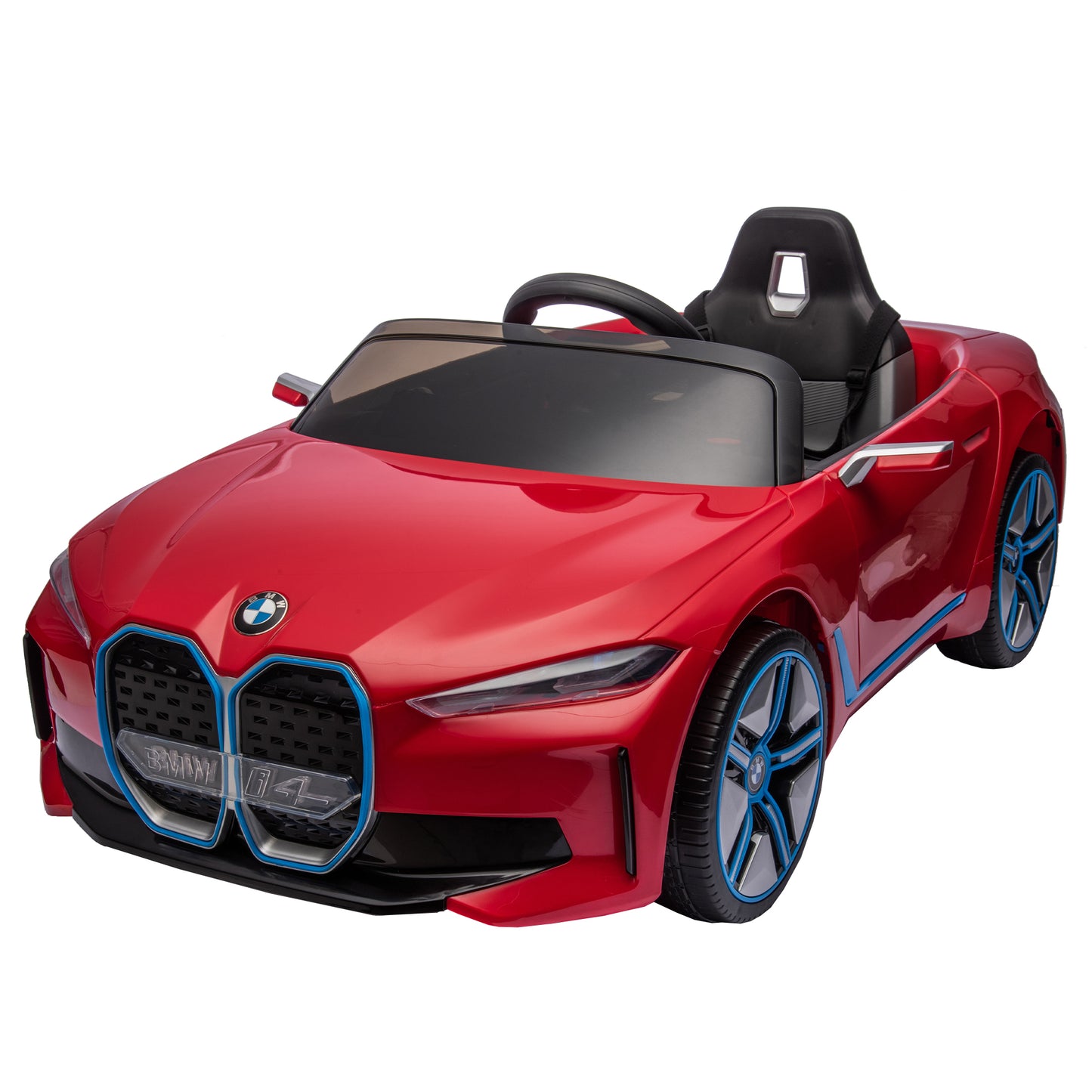 Licensed BMW I4 12V Kids Ride-On Car: Remote Control, 3 Speeds, Power Display, USB, MP3, Bluetooth, LED Lights, Safety Belt, Story