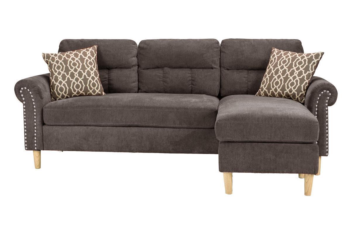 Tan Polyfiber Reversible Sectional Sofa Set with Chaise, Pillows, Plush Cushion, and Nailheads - Comfortable and Stylish Couch