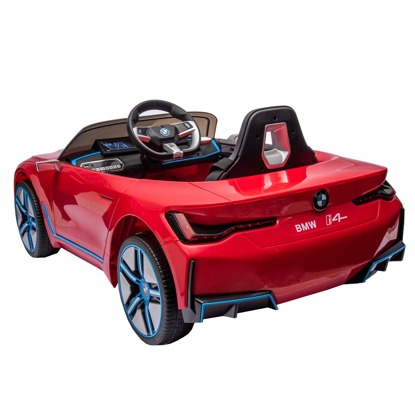 Licensed BMW I4 12V Kids Ride-On Car: Remote Control, 3 Speeds, Power Display, USB, MP3, Bluetooth, LED Lights, Safety Belt, Story