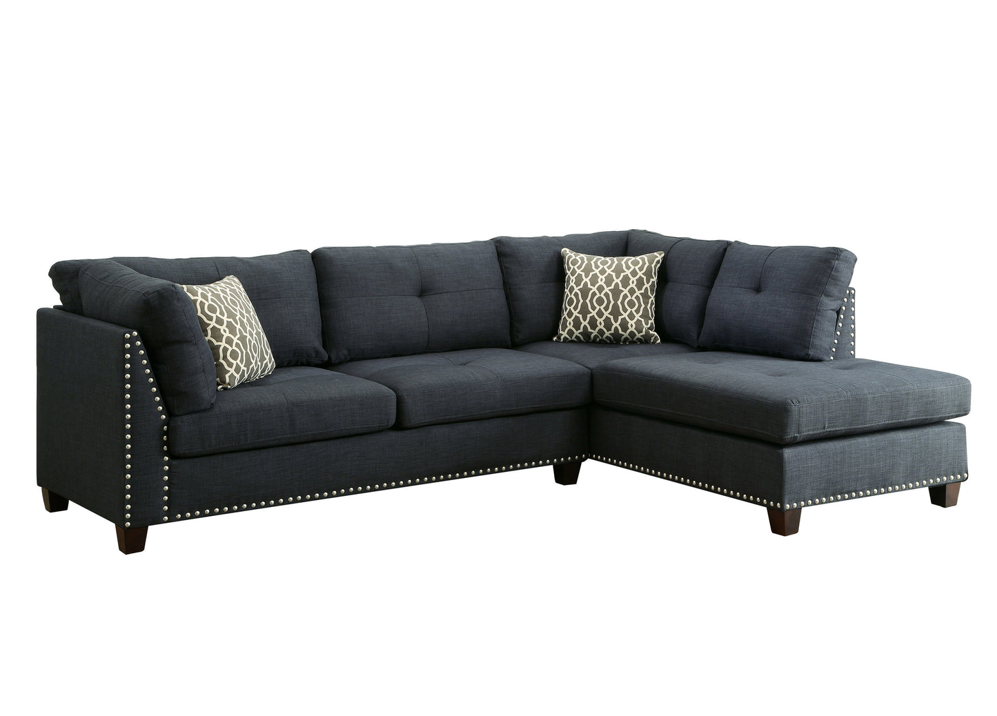 Laurissa Sectional Sofa & Ottoman in Dark Blue Linen - Comfortable & Stylish Furniture Set with 2 Pillows - 54365