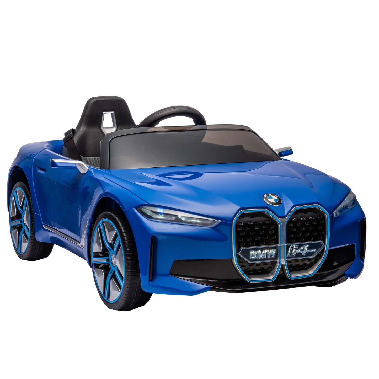 Licensed BMW I4, 12v Kids Ride-On Car with Remote Control - Electric Car for Kids, Three-Speed Adjustable, Power Display, USB, MP3, Bluetooth, LED Light, Two-Point Safety Belt, Story - Black