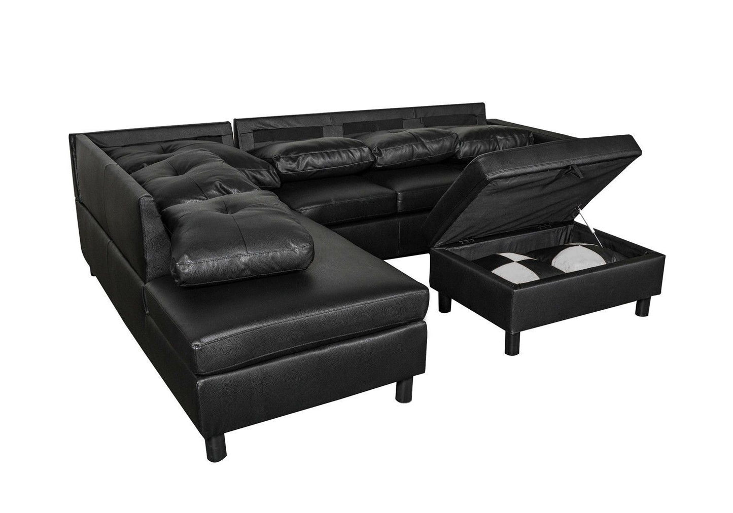 3 Piece Modular Sofa Set - Black Faux Leather Right Side Lounger with Free Storage Footrest: Stylish, Versatile, and Space-Saving Solution