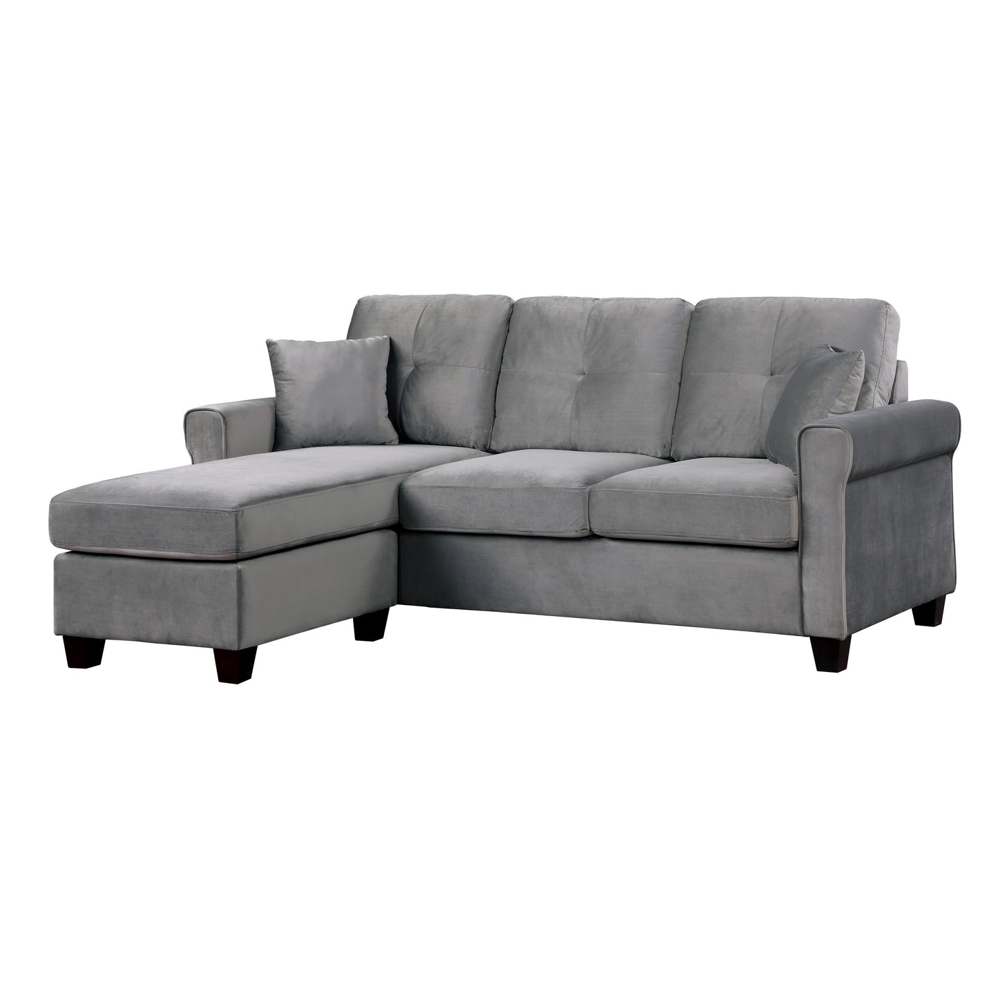 Reversible Config. 1pc Sectional Sofa, 2 Pillows, Gray Velvet Fabric, Tufted Back, Living Room Furniture