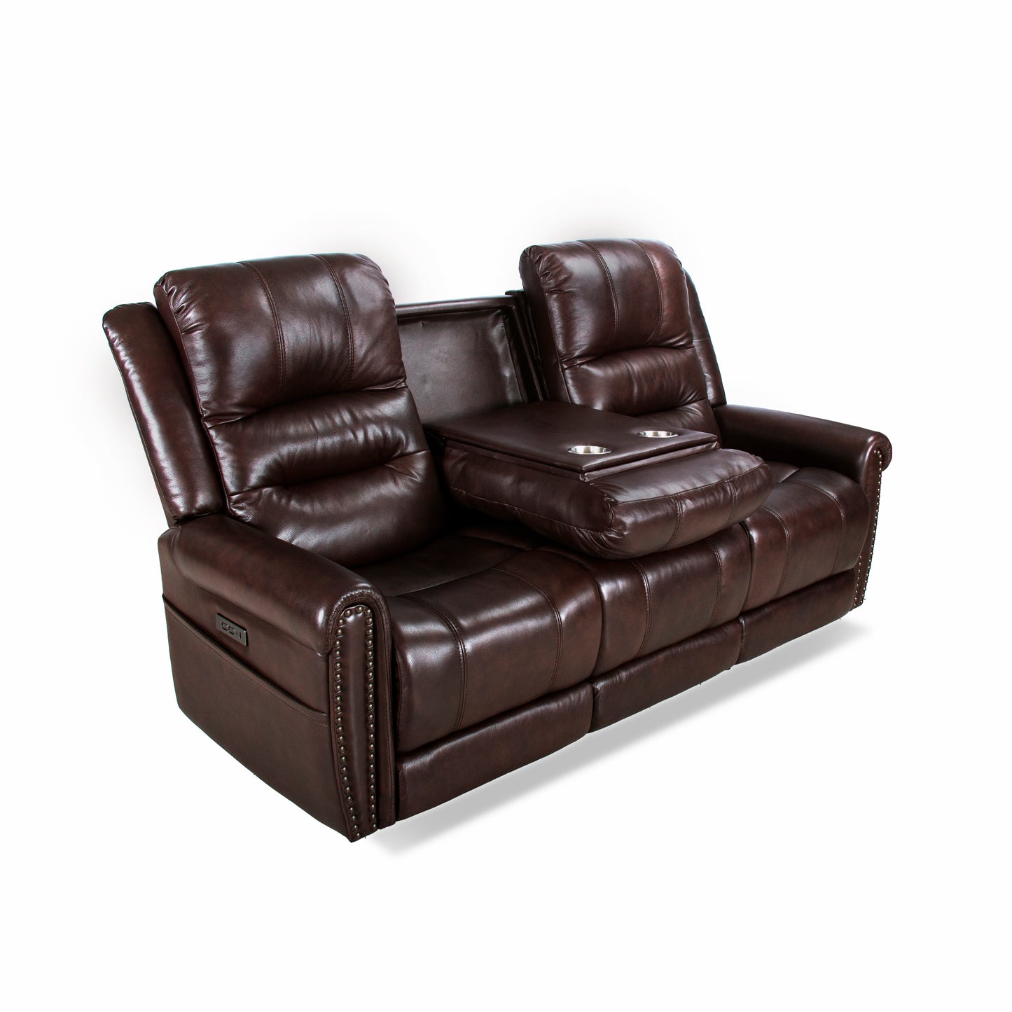 Espoo Leather Nailhead Dropdown Table Power Reclining Sofa - Brown