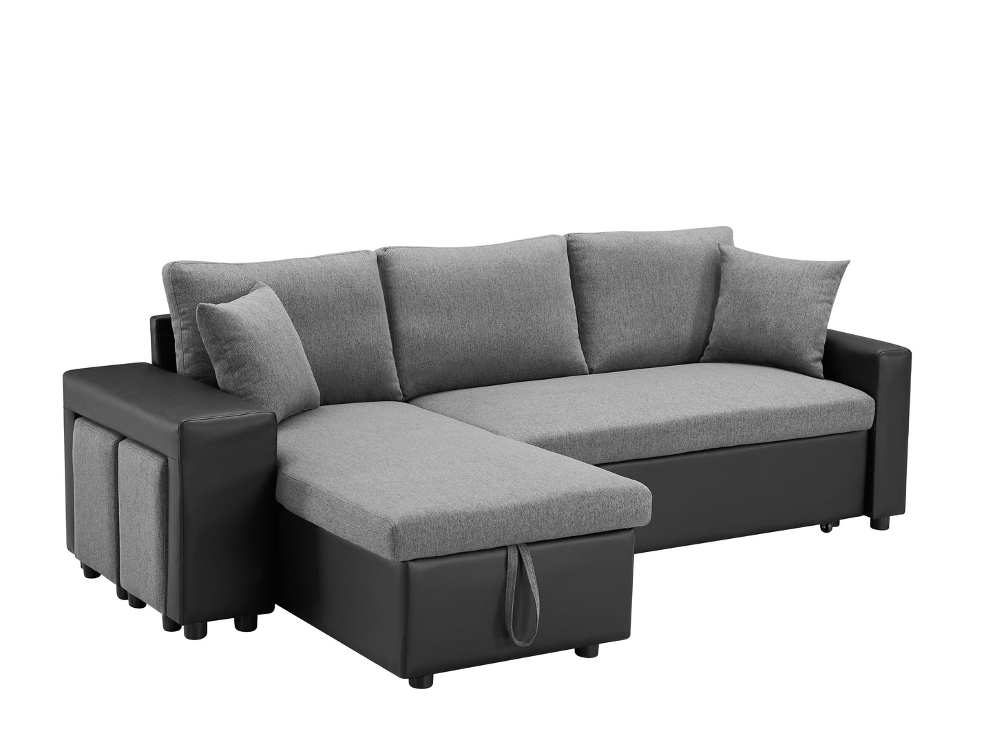 Linen Reversible Sleeper Sectional Sofa with Storage: Artemax 92.5" - Steel Gray, Includes 2 Stools