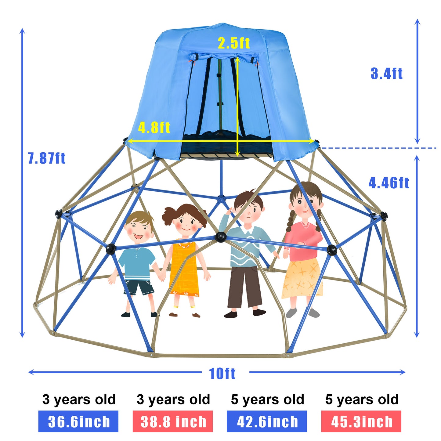 Kids Climbing Dome with Canopy & Playmat - 10 ft Jungle Gym Geometric Playground Dome Climber Play Center, Rust & UV Resistant Steel, 1000 LBS Capacity, Color Options