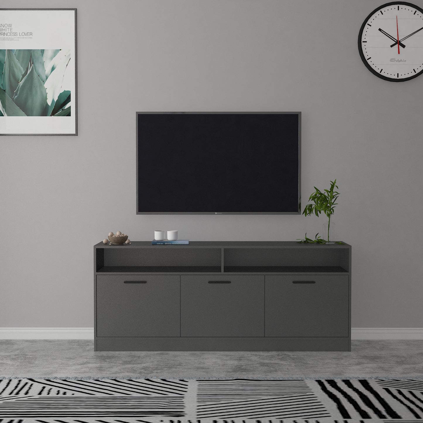 Klair Living Contemporary TV Stand with Three Soft-closing Doors in Dark Gray