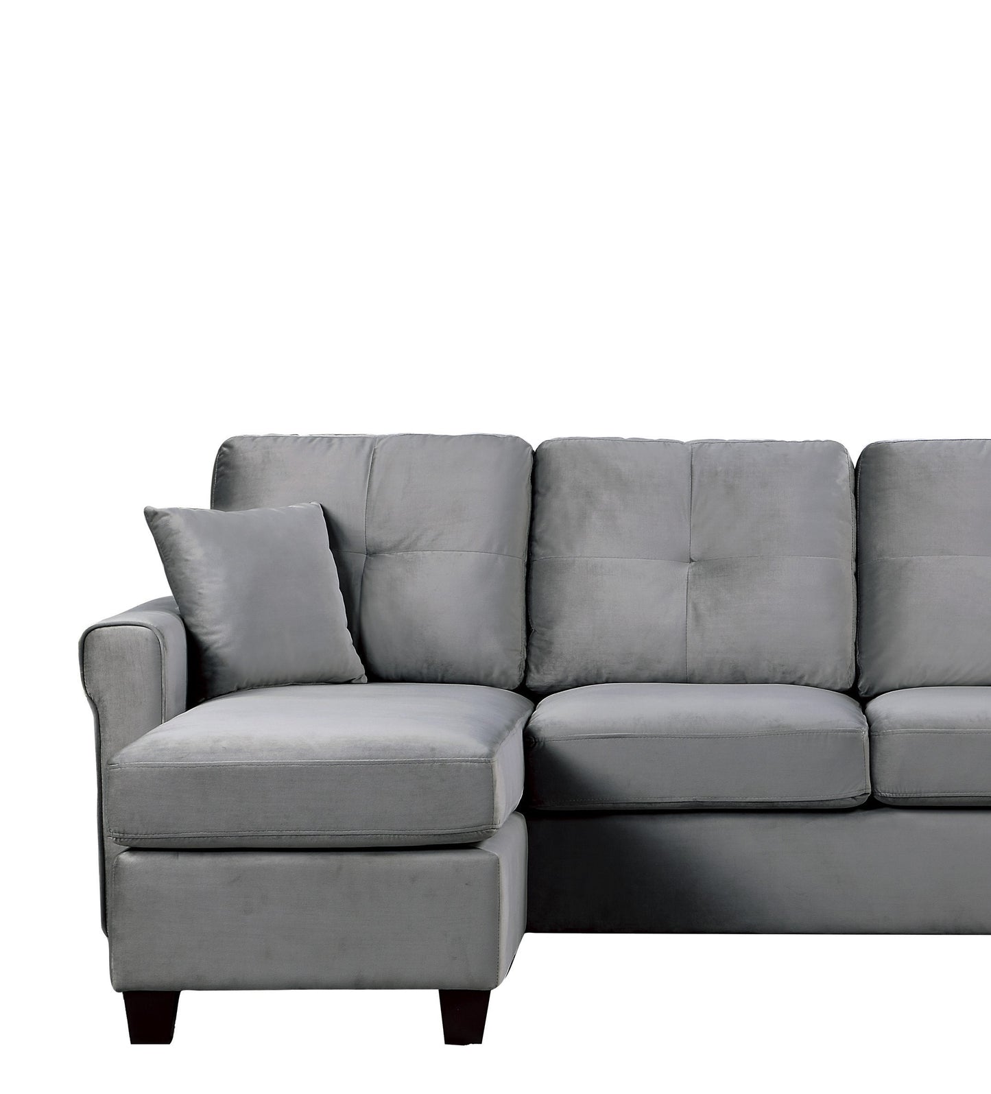 Reversible Config. 1pc Sectional Sofa, 2 Pillows, Gray Velvet Fabric, Tufted Back, Living Room Furniture