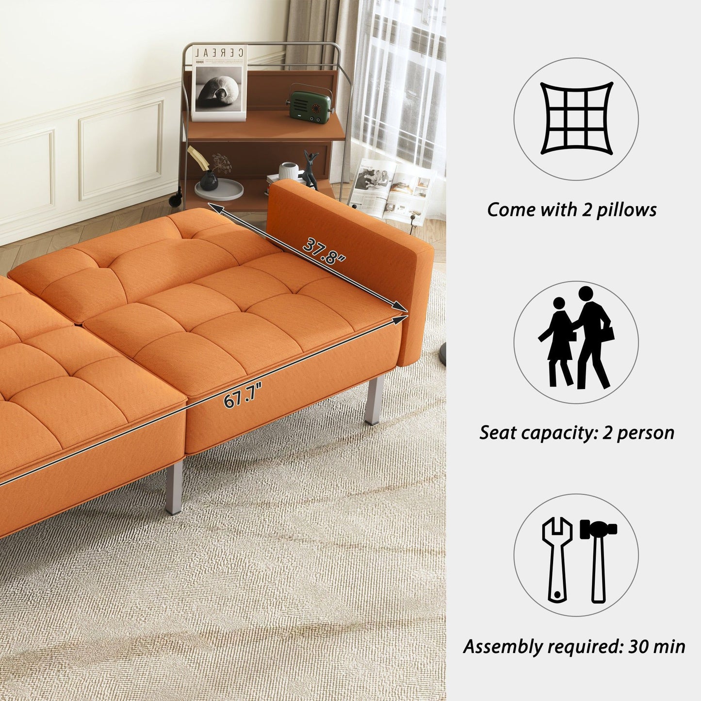 Linen Upholstered Modern Convertible Folding Futon Sofa Bed for Compact Living Space