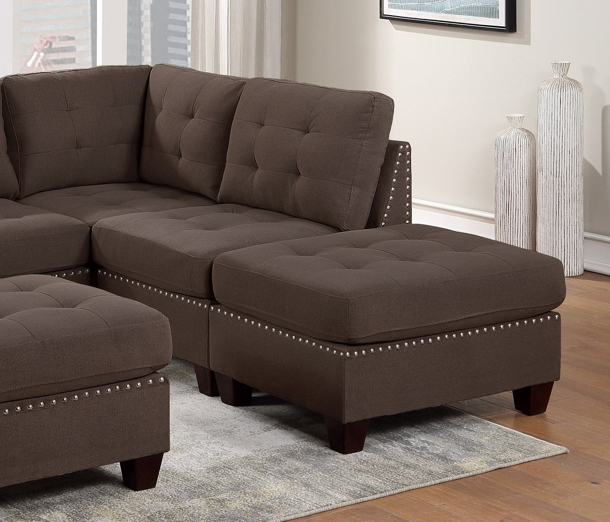 Contemporary Modular Sectional 7pc Set: Black Coffee Linen Like Fabric, Tufted Nail heads, Corner L-Sectional, 2x Corner Wedge, 3x Armless Chair, 2x Ottoman