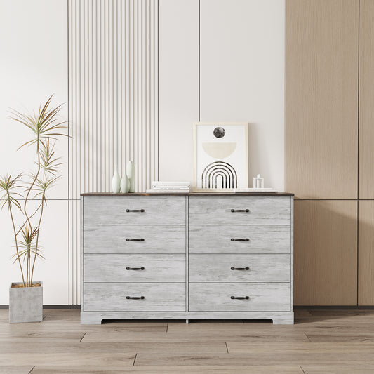 Modern white grey wood side cabinet with 8 drawers, 8 drawer white grey wood grain drawer cabinet , large storage space for Living Room Bedroom