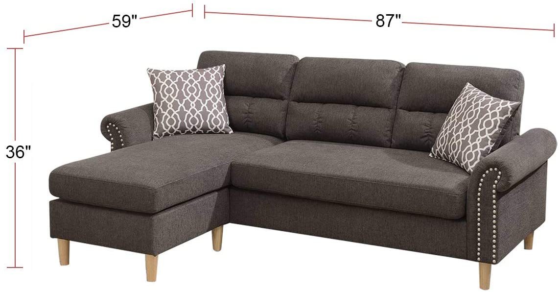 Tan Polyfiber Reversible Sectional Sofa Set with Chaise, Pillows, Plush Cushion, and Nailheads - Comfortable and Stylish Couch