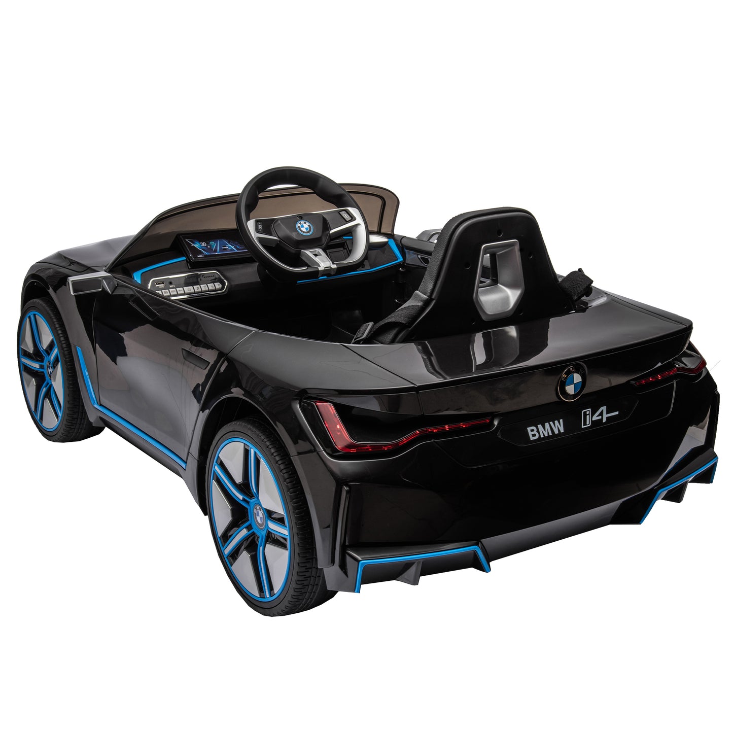 Licensed BMW I4, 12V Kids Ride On Car - 2.4G Remote Control, Electric Car for Kids - Three-Speed Adjustable, Power Display, USB, MP3, Bluetooth - LED Light, Two-Point Safety Belt, Story - Red