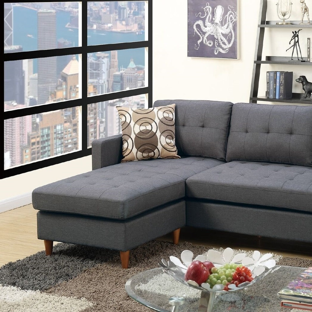 Blue Grey Polyfiber Sectional Sofa: Reversible Chaise, Tufted Back, Modular.