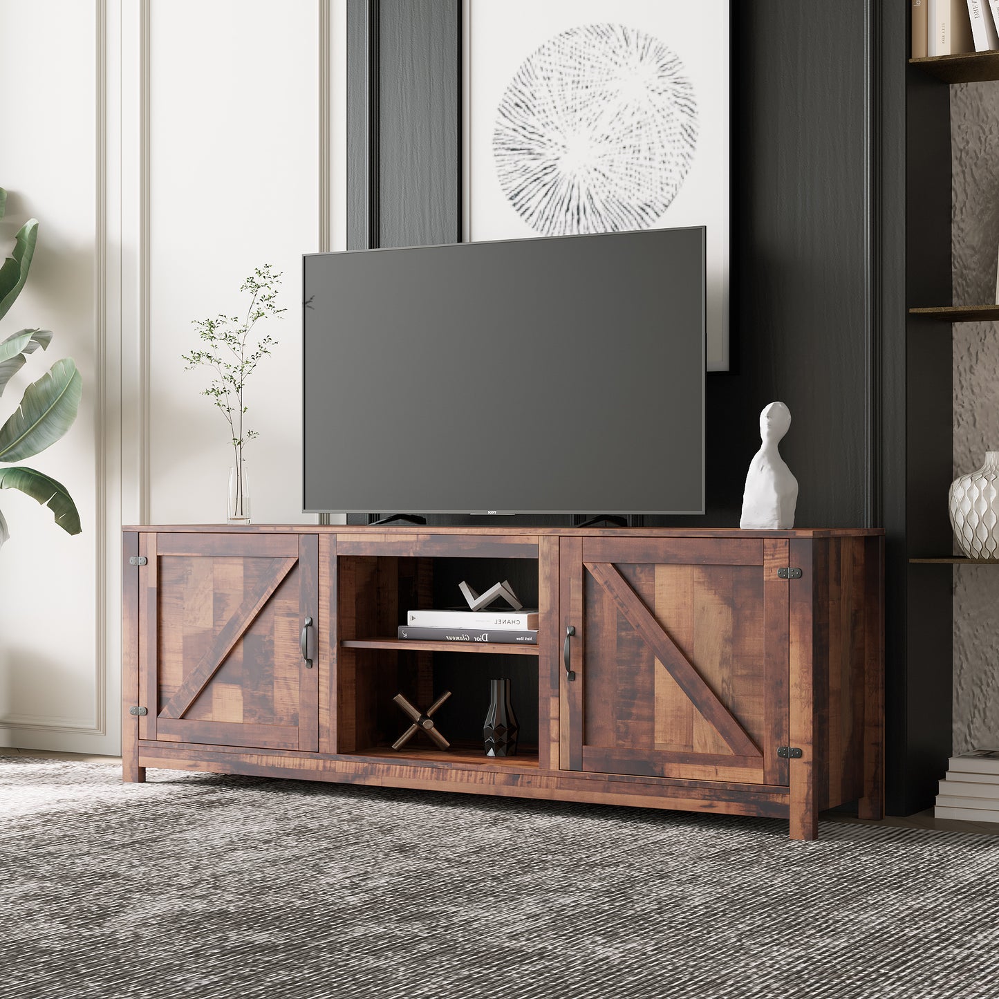 Farmhouse TV Stand,  Wood Entertainment Center Media Console with Storage