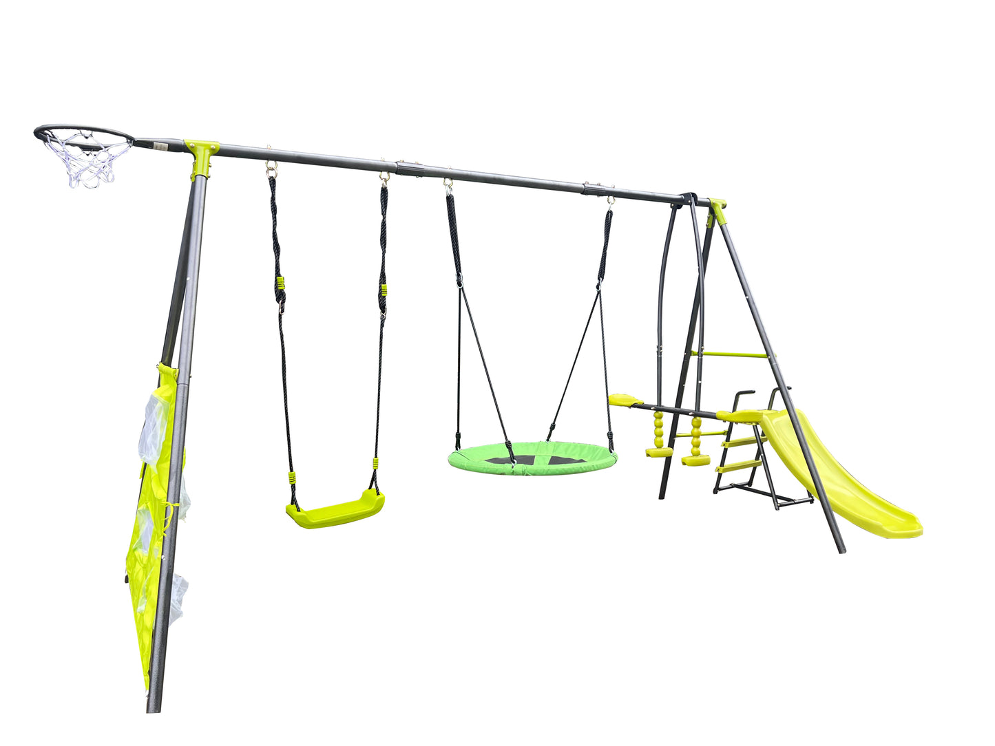 XNS052 Green and Blue Six Function Swingset with Net Swing - 440lbs Capacity - Outdoor Playground for Age 3+ - 31.5in Net Swing