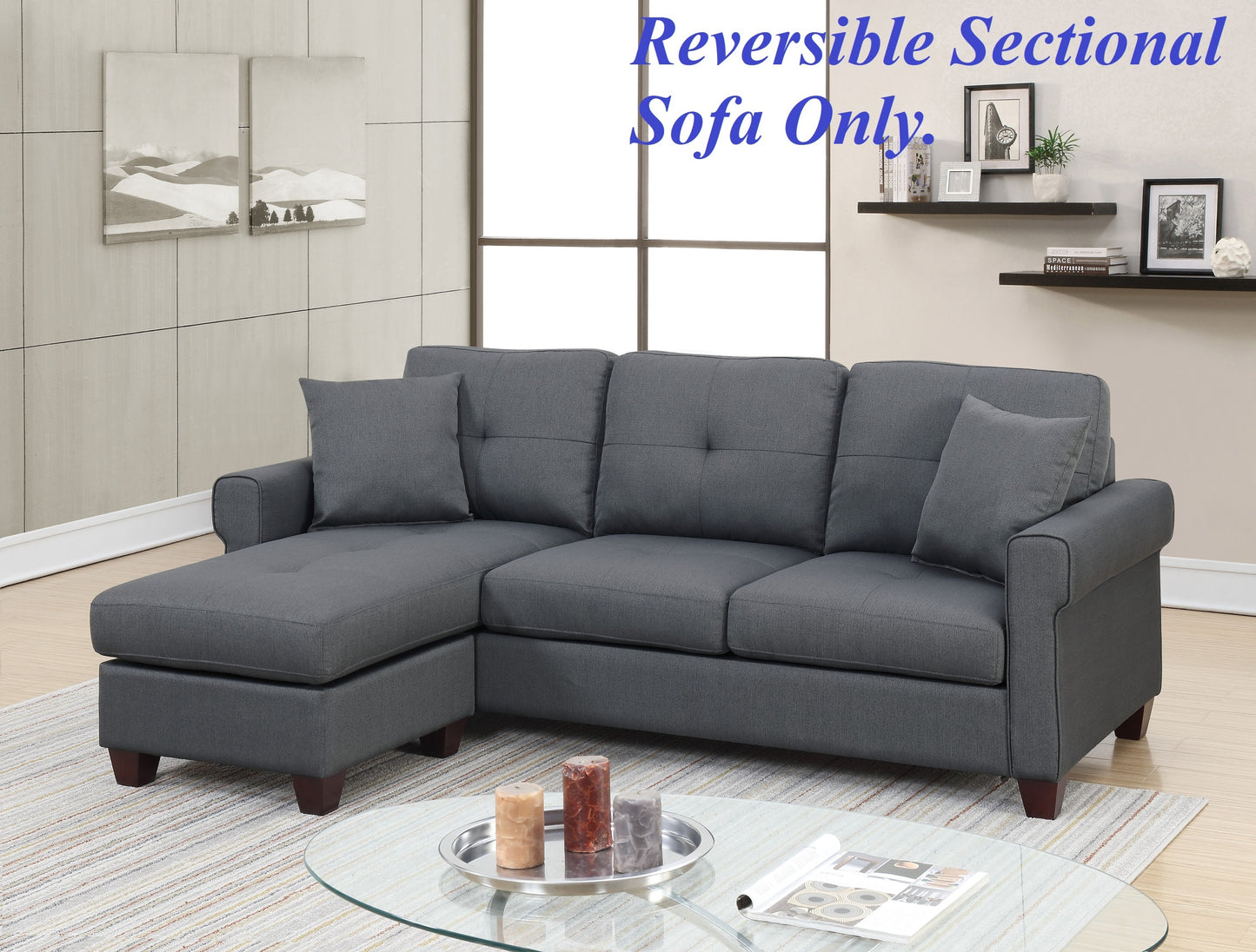 Charcoal Glossy Polyfiber Tufted Cushion Sectional Sofa Chaise: Reversible, Living Room Furniture, Size Options