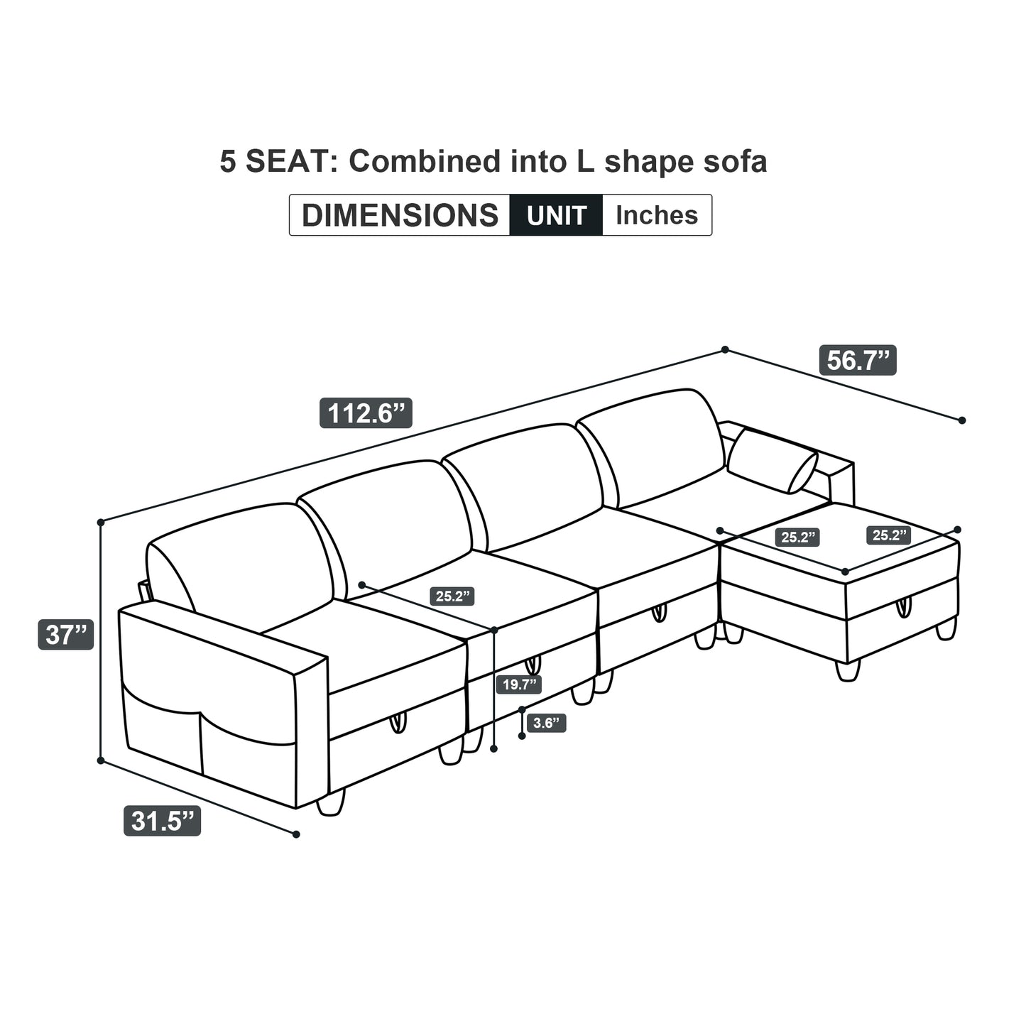 High-end Modular Sofa Couch, 5 Seat Sectional Sofa set for Living Room, Dark Gray Corduroy Velvet, Spring Cushions