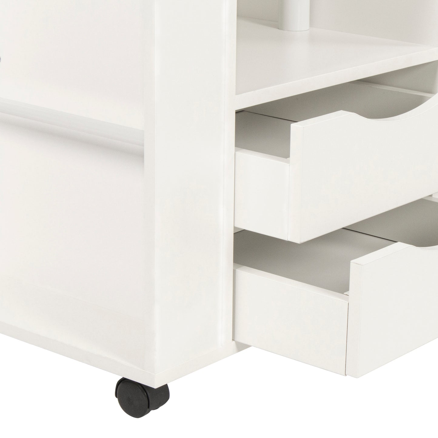 Height Adjustable Overbed End Table Wooden Nightstand with Swivel Top, Storage Drawers, Wheels and Open Shelf,(White)