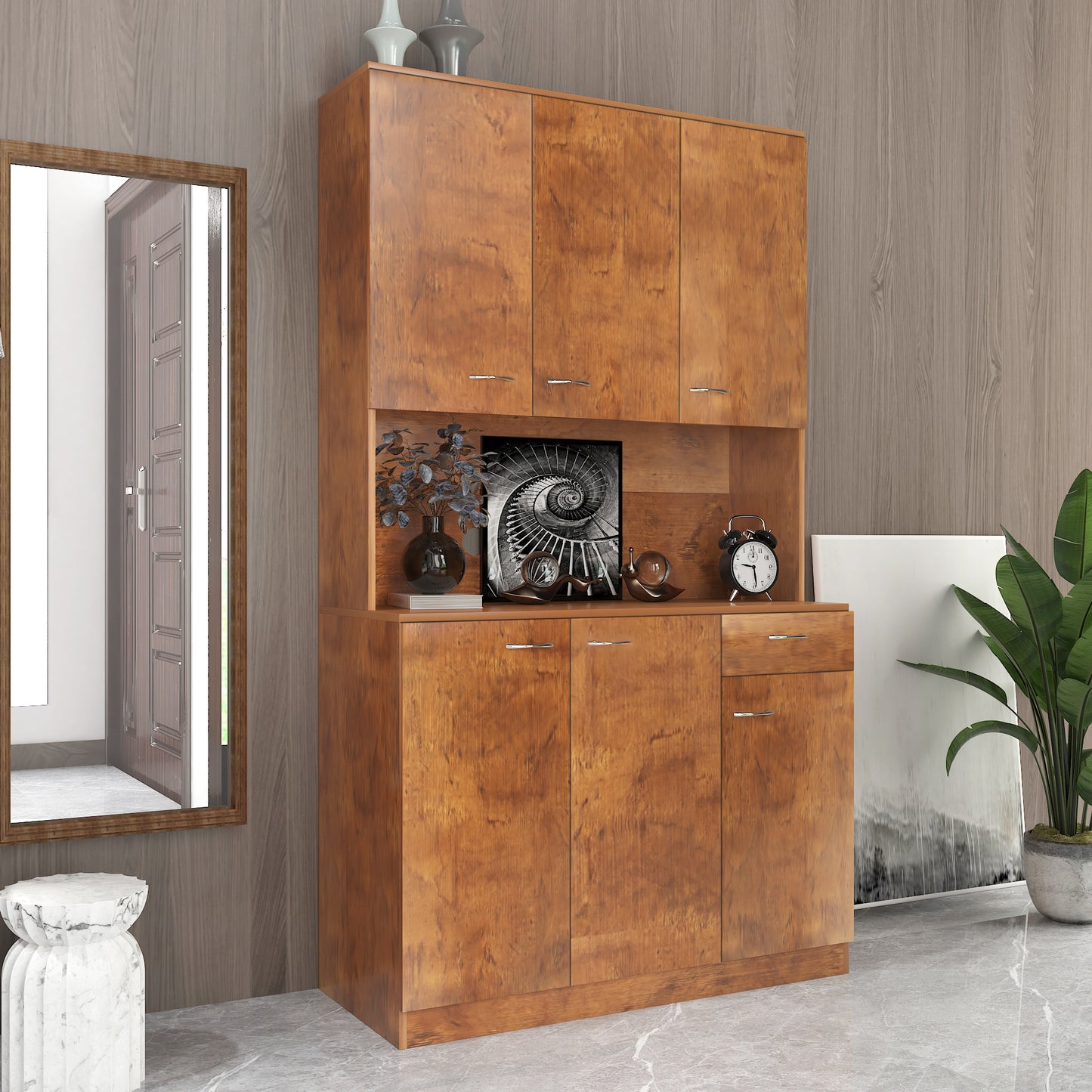 70.87" Tall Wardrobe& Kitchen Cabinet, with 6-Doors, 1-Open Shelves and 1-Drawer for bedroom,Walnut