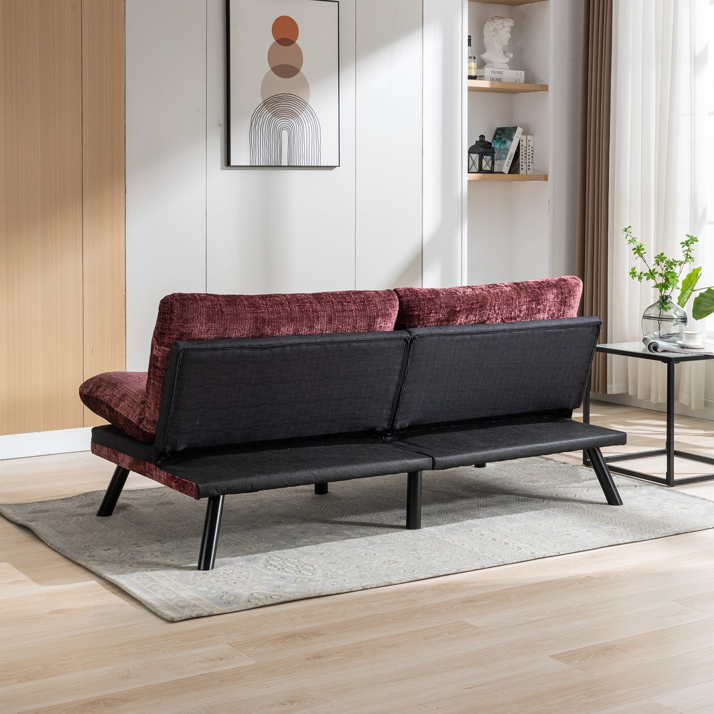 Convertible Sofa Bed Loveseat Futon: Adjustable Lounge Couch, Metal Legs, Chenille Wine Red