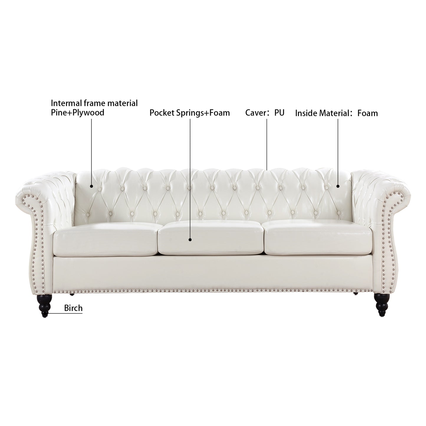 84.65" Rolled Arm Chesterfield 3 Seater Sofa: Classic Design, Generous Size, and Plush Comfort