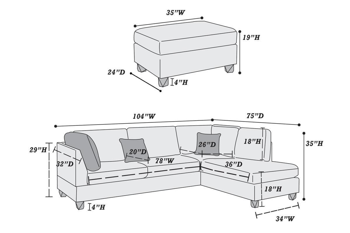 3pcs Reversible Chaise Sofa & Ottoman Set - Sand Color Polyfiber Linen Fabric Cushion Couch - Sectional Living Room Furniture