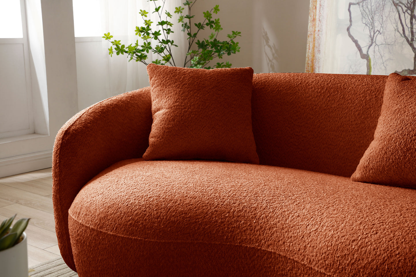 Mid Century Modern Curved Sofa, Boucle Fabric Couch for Bedroom, Office, Apartment, Orange