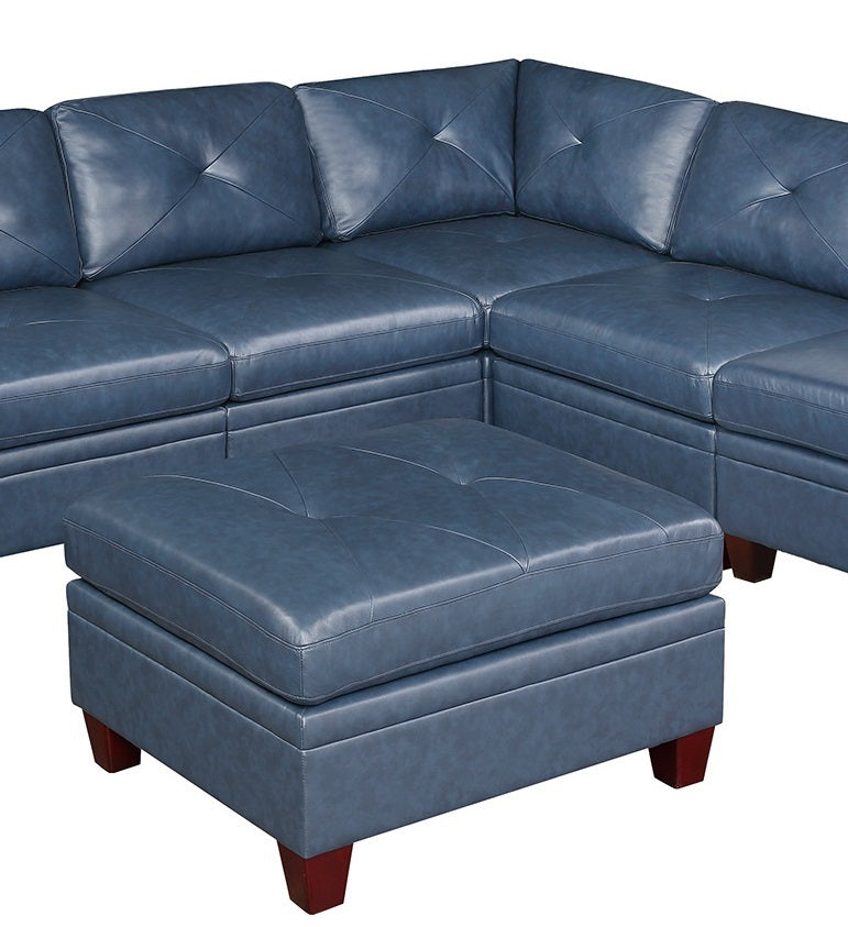 Genuine Leather Ink Blue Tufted 6pc Sectional Set - Corner Wedge & Armless Chair - Living Room Furniture Sofa Couch