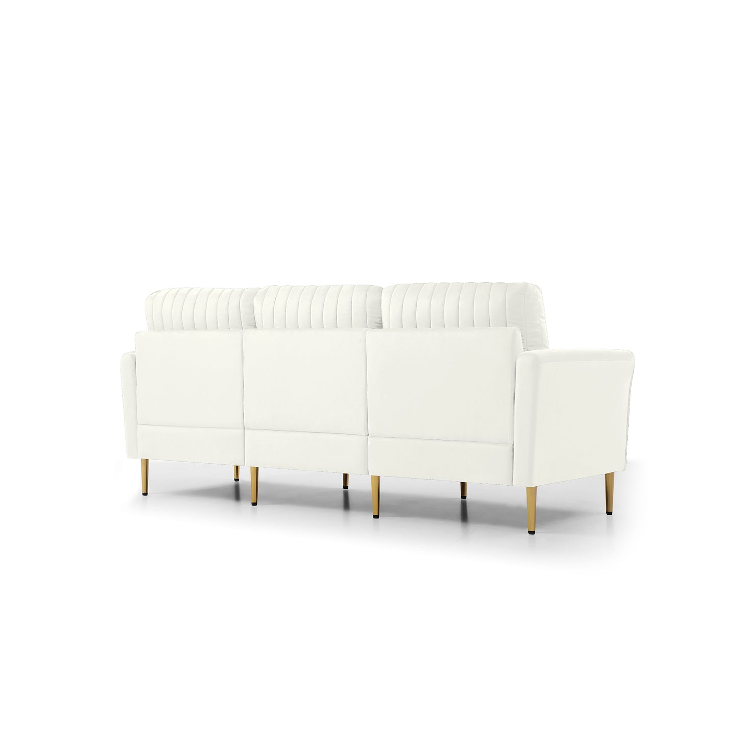 Contemporary Velvet Upholstered 3 Seater Sofa with Deep Channel Tufting and Gold Metal Legs, Cream: Luxurious Cream Velvet Sofa with Deep Tufting and Gold Metal Legs for Elegant Living Spaces