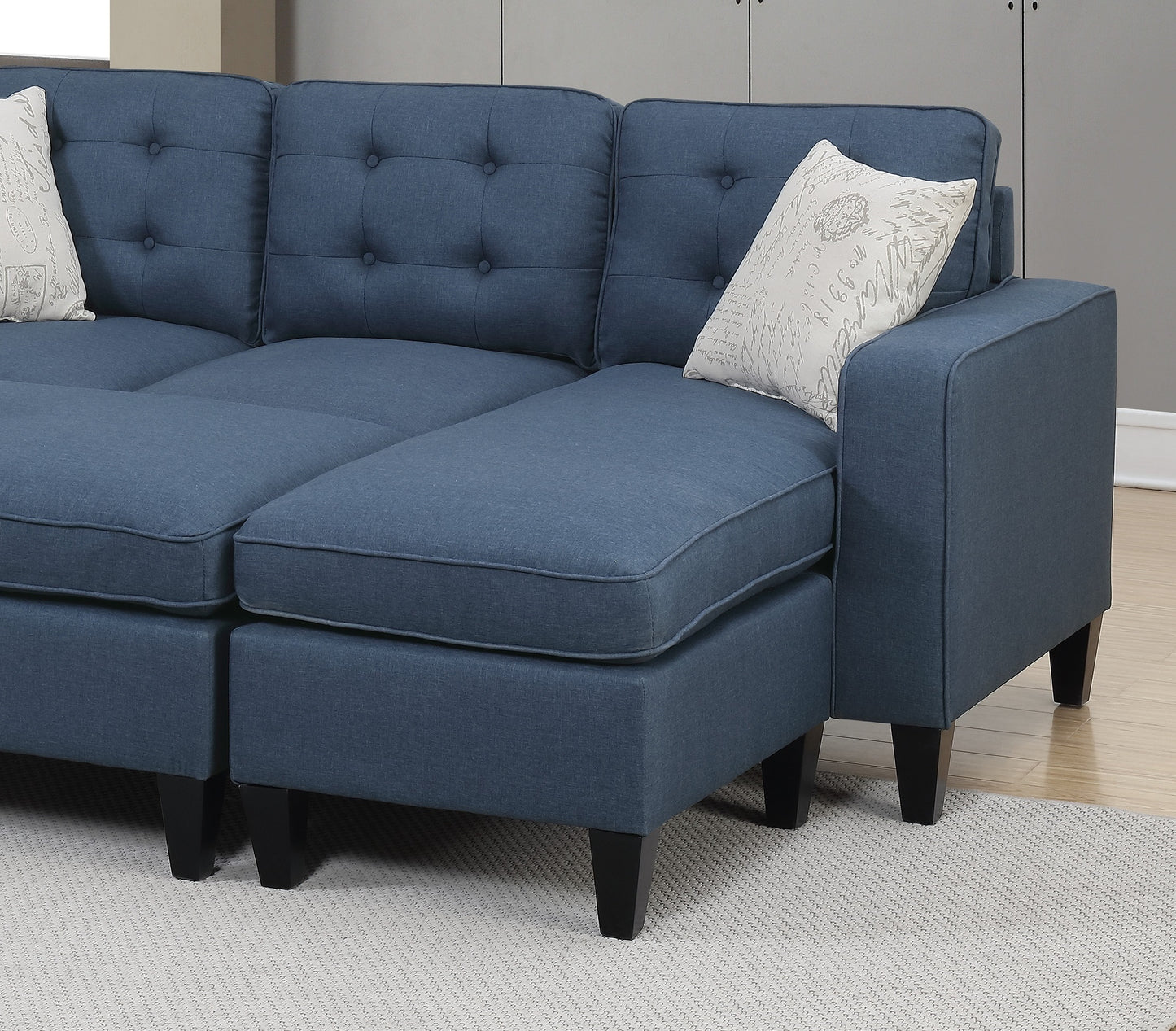 Reversible Navy Tufted 3pc Sectional Sofa Set with Wood Legs, Chaise, Ottoman, Pillows, and Cushion Couch