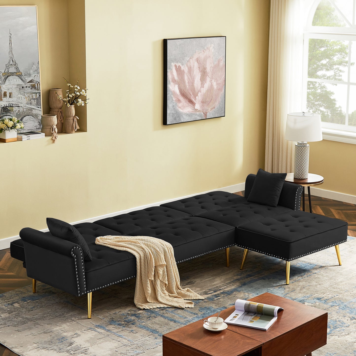 Modern Velvet Upholstered Reversible Sectional Sofa Bed: L-Shaped Couch with Movable Ottoman, Nailhead Trim for Living Room - Black