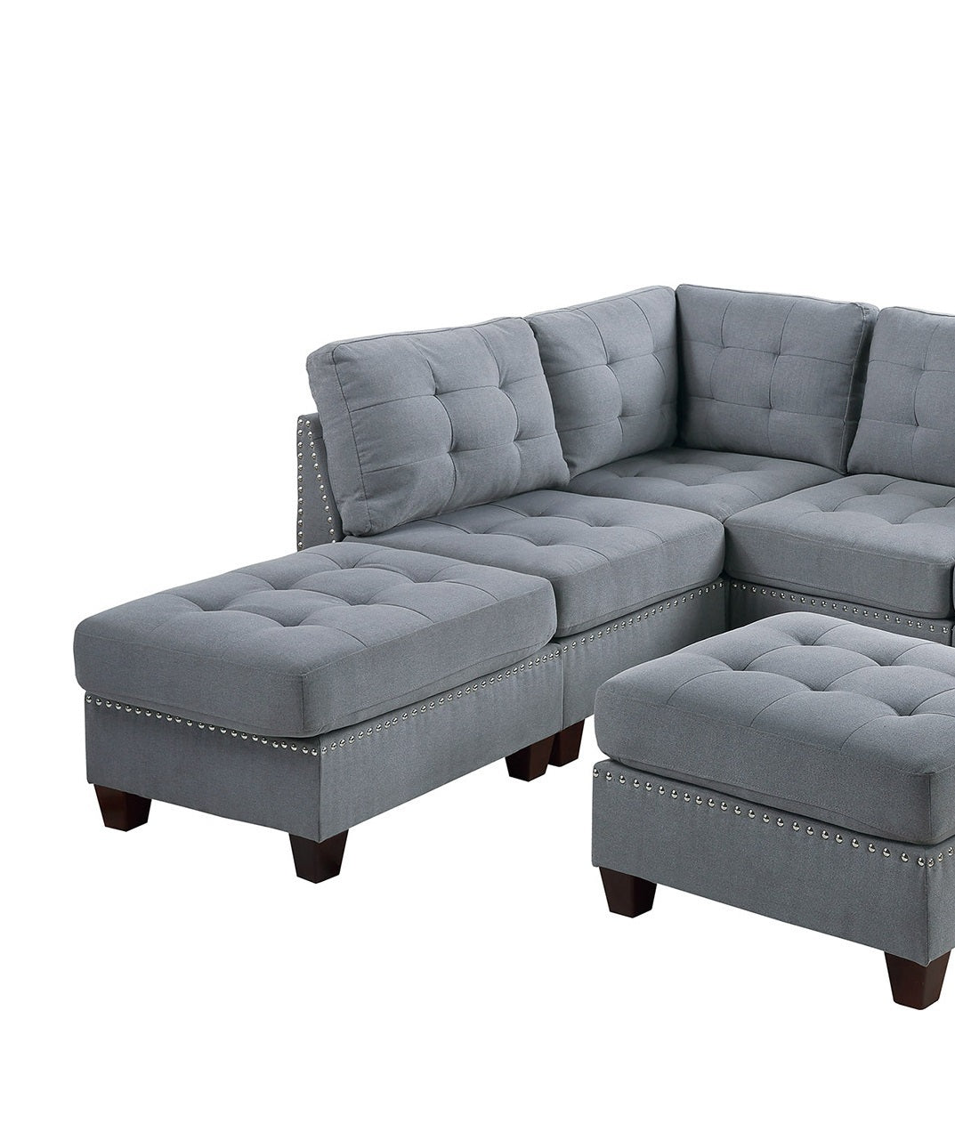 Contemporary Modular Sectional 7pc Set - Gray Linen Like Fabric, Tufted, Nail heads, Corner L-Sectional, 2x Corner Wedge, 3x Armless Chair, 2x Ottoman