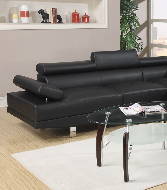 Black Faux Leather Sectional Living Room Furniture with Adjustable Headrest: Right Facing Chaise & Left Facing Sofa