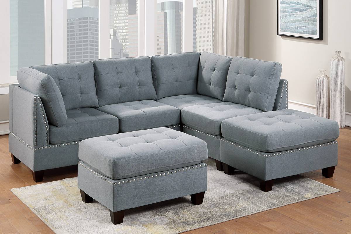 Modular Sectional 6pc Set Living Room Furniture - L-Sectional Gray Linen Like Fabric Tufted Nail heads - Corner Wedge, Armless Chairs, Ottomans