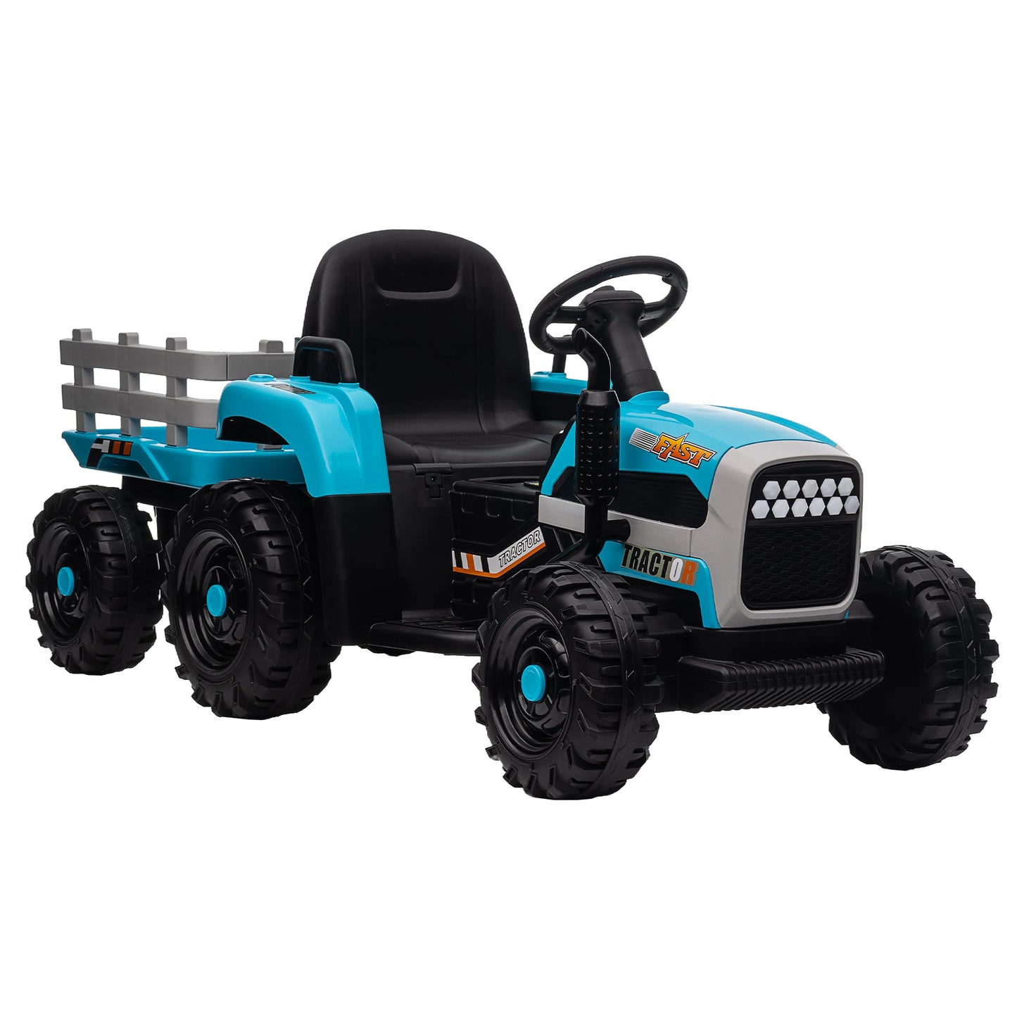 12V Battery Powered Ride on Tractor with Trailer for Kids | Remote Control | 3-Speed Adjustable | Power Display | USB, MP3, Bluetooth | LED Light | Two-Point Safety Belt | Blue