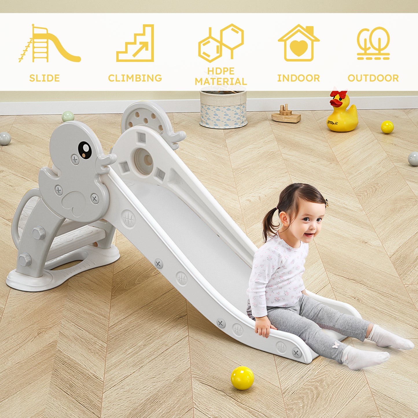 Kid Slide for Toddler Age 1-3: Indoor Plastic Slide for Outdoor Playground Climbing, Duck Grey White