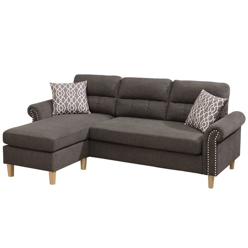 Tan Polyfiber Reversible Sectional Sofa Set with Chaise, Pillows, Plush Cushion, and Nailheads - Comfortable and Stylish Couch