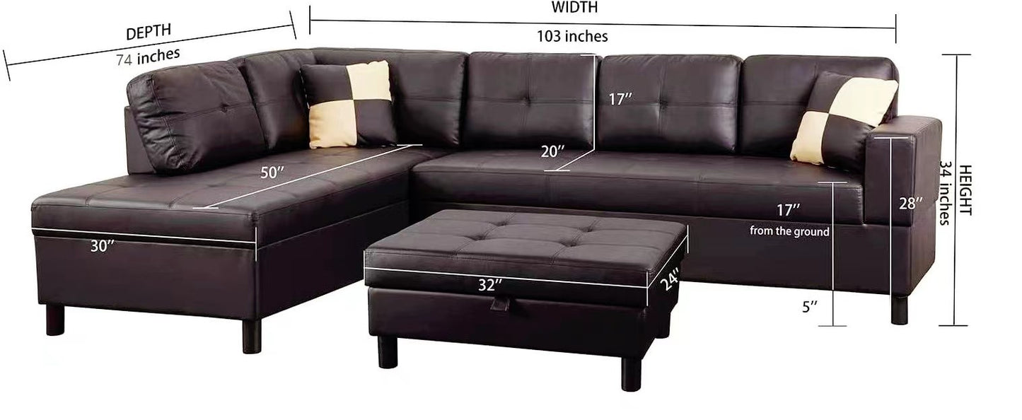 3 PC Sectional Sofa Set, Faux Leather Left-Facing Chaise with Storage Ottoman - Brown Color, Comfortable and Spacious