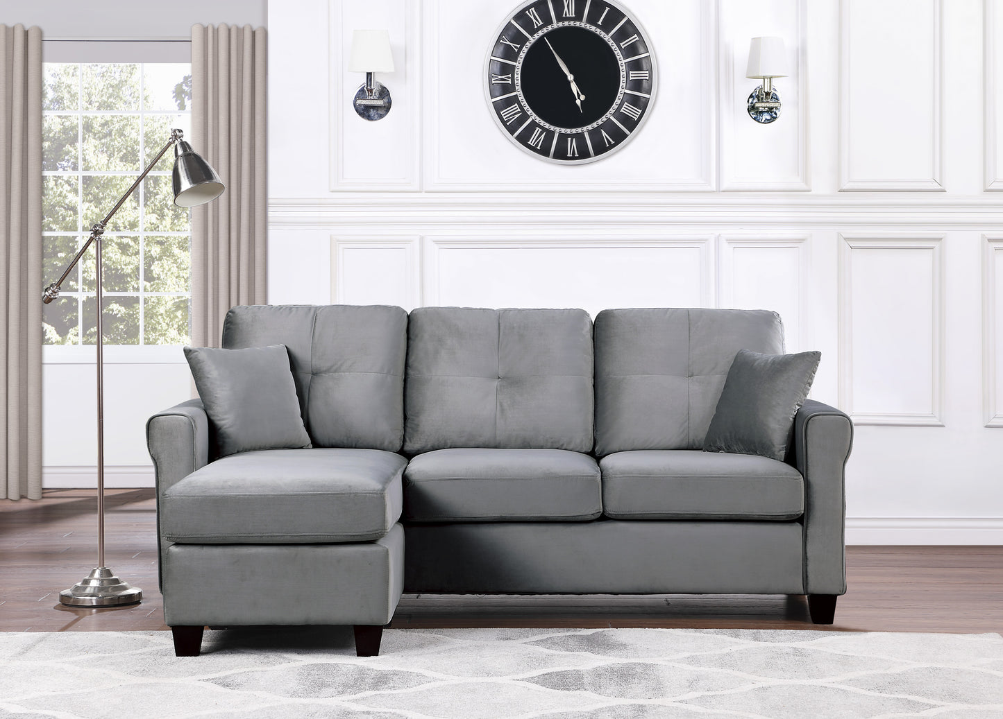 Reversible Config. 1pc Sectional Sofa, 2 Pillows, Gray Velvet Fabric, Tufted Back, Living Room Furniture