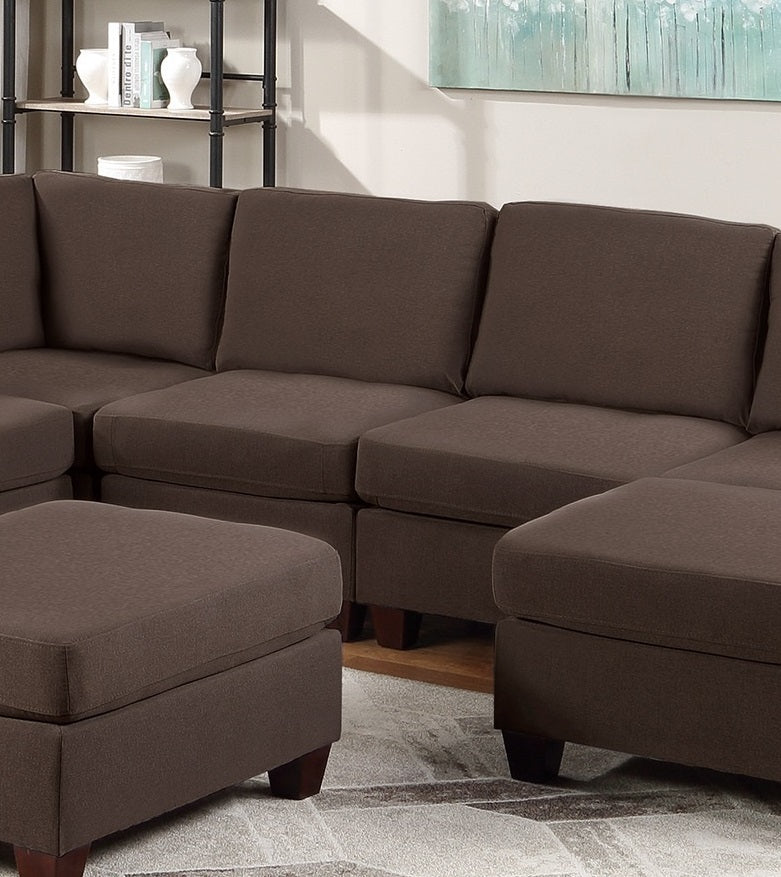 Modular Sectional 9pc Set Living Room Furniture | Corner Sectional Couch | Black Coffee Linen Fabric | 3x Corner Wedge | 4x Armless Chairs | 2x Ottomans