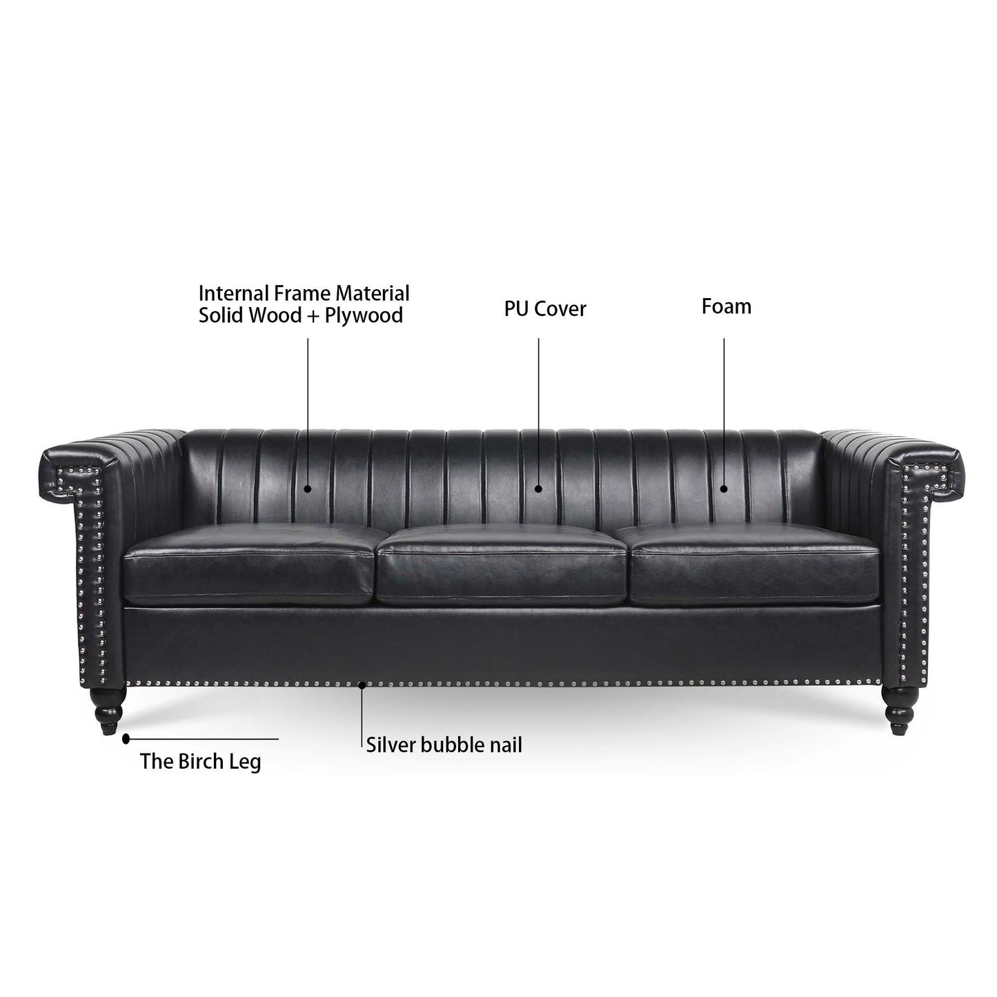 83.66" Traditional Square Arm Removable Cushion 3-Seater Sofa - Classic Design, Ample Seating, Multiple Color Options