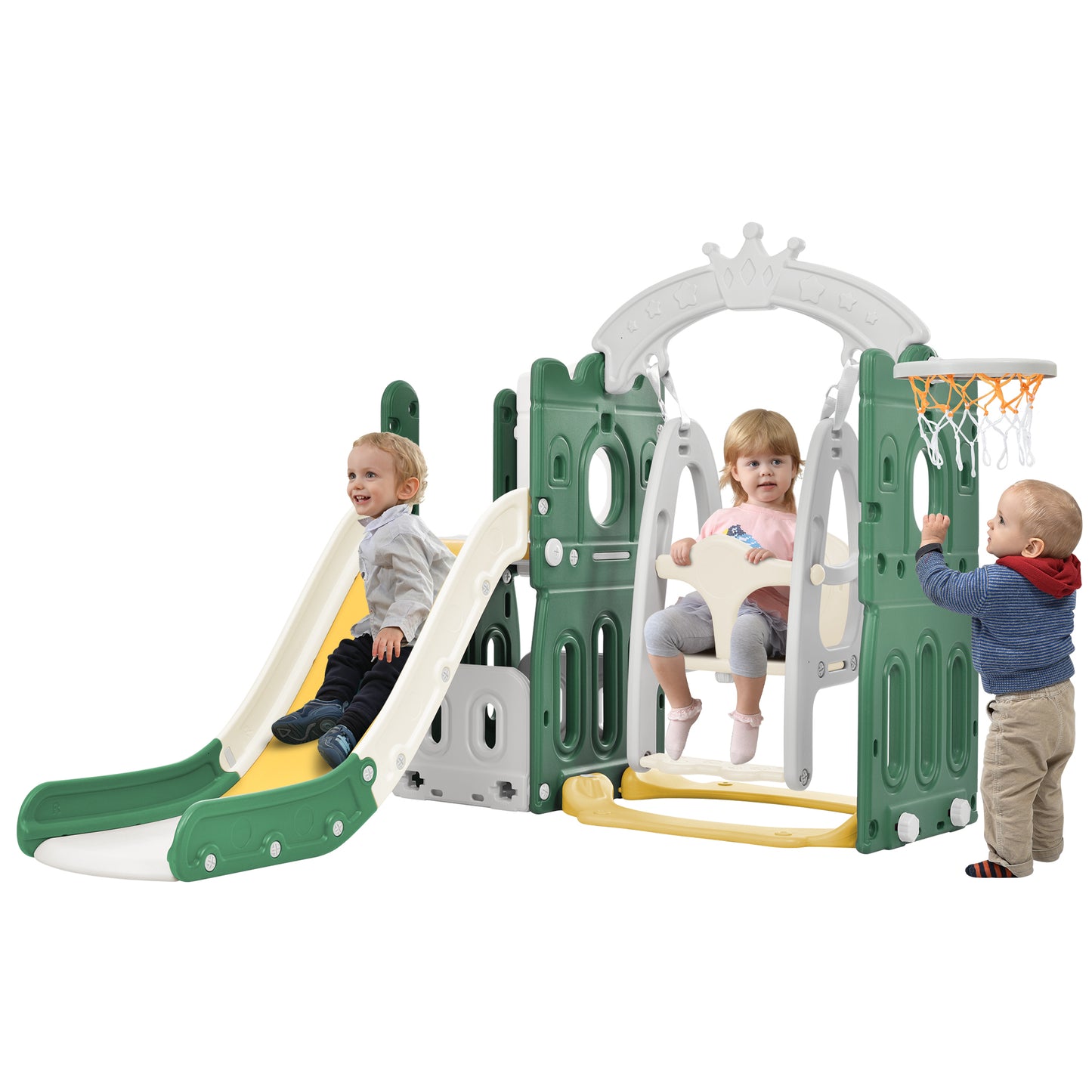 Toddler Slide and Swing Set 5 in 1: Kids Playground Climber Slide Playset with Basketball Hoop - Freestanding Combination for Indoor & Outdoor Fun - Blue & Green - Perfect for Babies and Toddlers