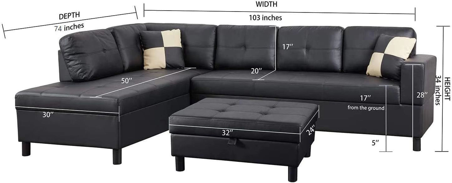 3 Piece Modular Sofa Set - Black Faux Leather Right Side Lounger with Free Storage Footrest: Stylish, Versatile, and Space-Saving Solution