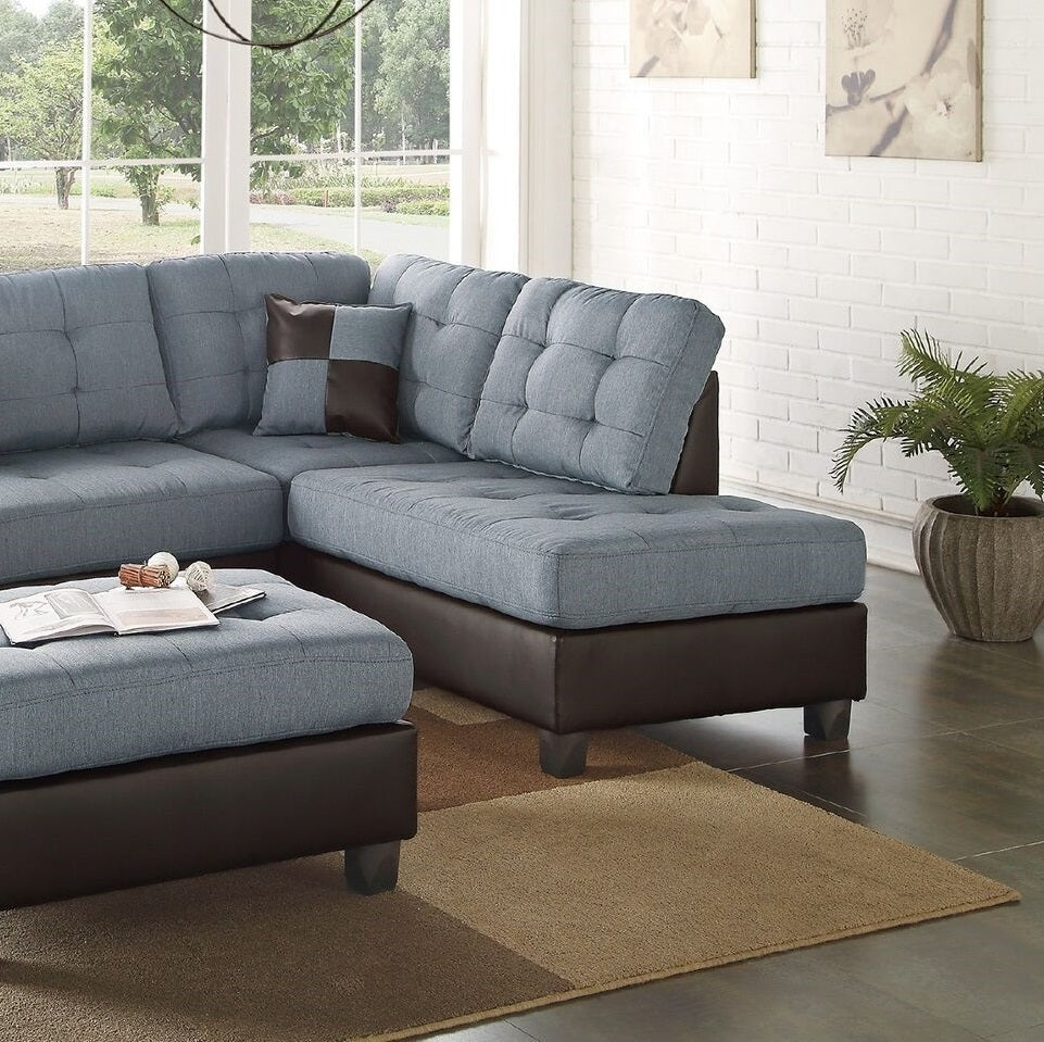 Contemporary Grey Polyfiber Linen Sectional Sofa with Reversible Chaise, Ottoman, and Cushioned Tufted Design - 3pc Set for Living Room Furniture with Pillows