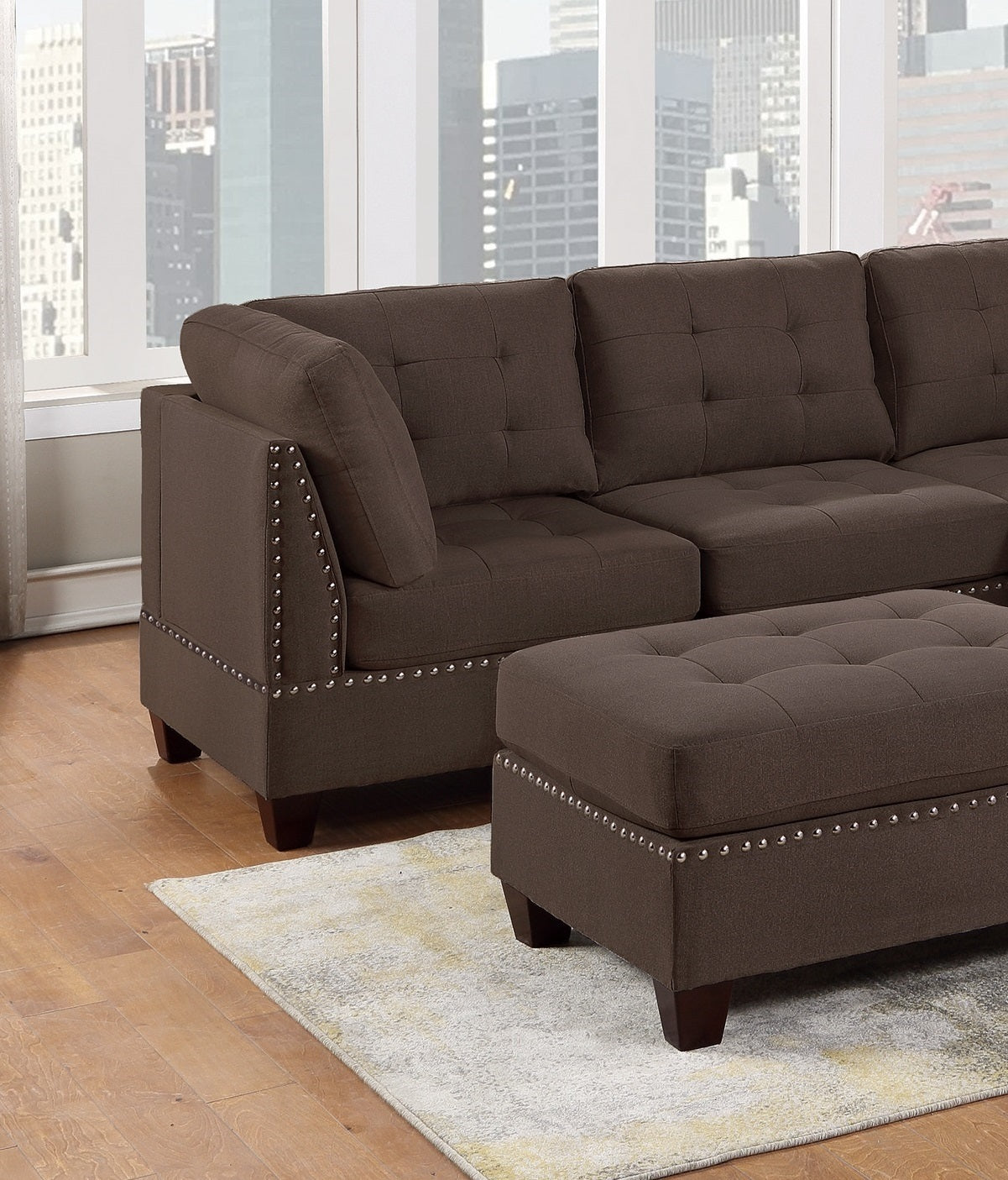 Contemporary Modular Sectional 7pc Set: Black Coffee Linen Like Fabric, Tufted Nail heads, Corner L-Sectional, 2x Corner Wedge, 3x Armless Chair, 2x Ottoman