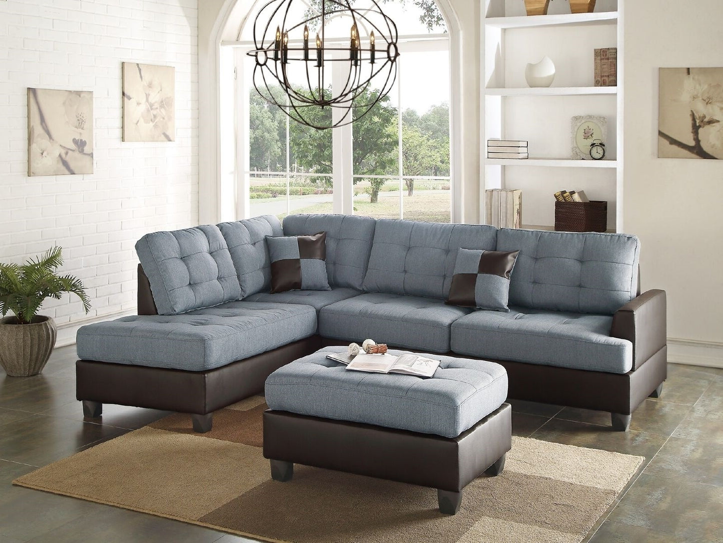 Contemporary Grey Polyfiber Linen Sectional Sofa with Reversible Chaise, Ottoman, and Cushioned Tufted Design - 3pc Set for Living Room Furniture with Pillows